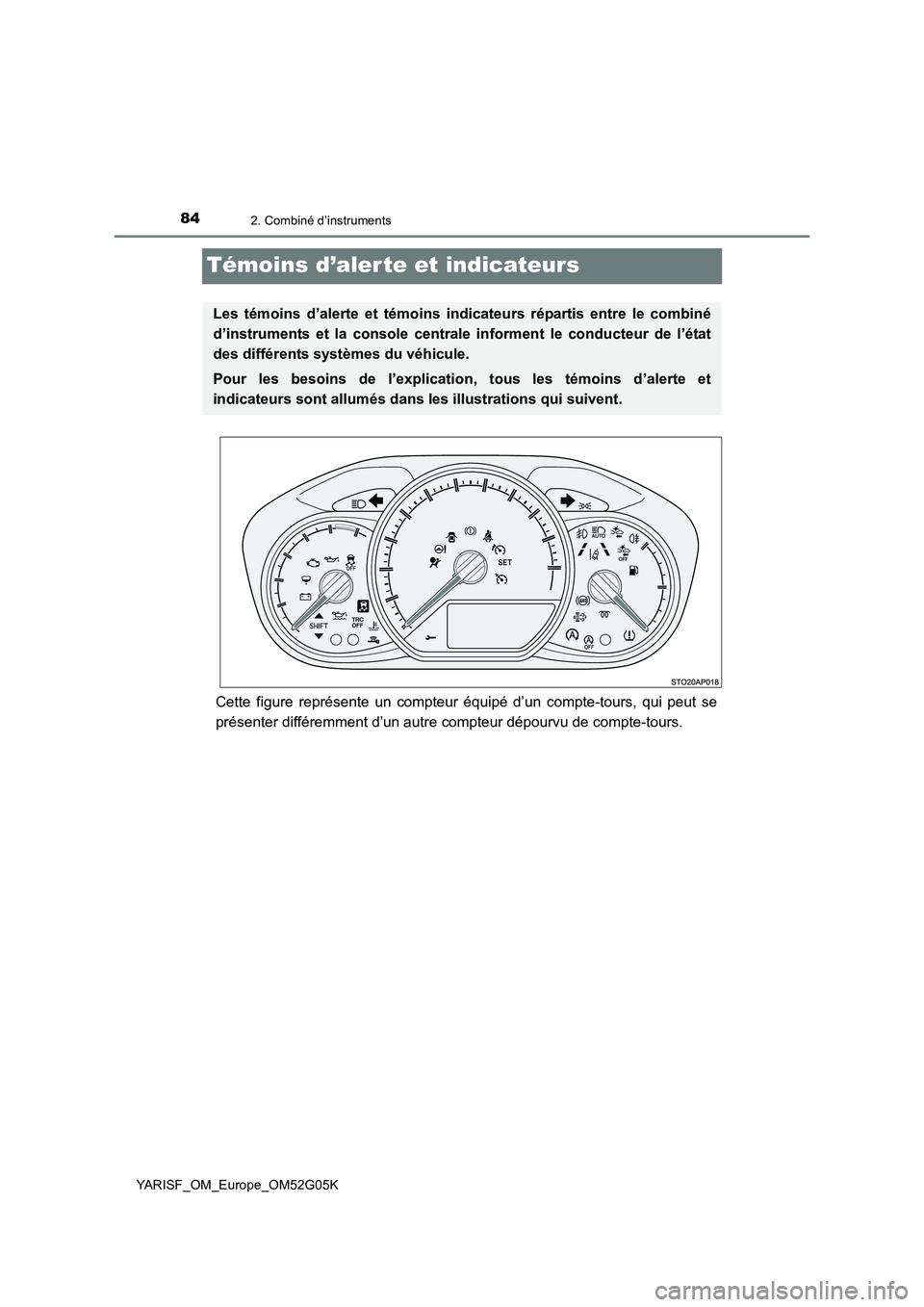 TOYOTA YARIS 2016  Notices Demploi (in French) 842. Combiné d’instruments
YARISF_OM_Europe_OM52G05K
Témoins d’aler te et indicateurs
Cette figure représente un compteur équipé d’un compte-tours, qui peut se 
présenter différemment d