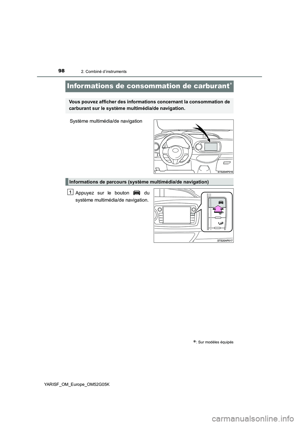 TOYOTA YARIS 2016  Notices Demploi (in French) 982. Combiné d’instruments
YARISF_OM_Europe_OM52G05K
Informations de consommation de carburant
Système multimédia/de navigation 
Appuyez sur le bouton   du 
système multimédia/de navigation.