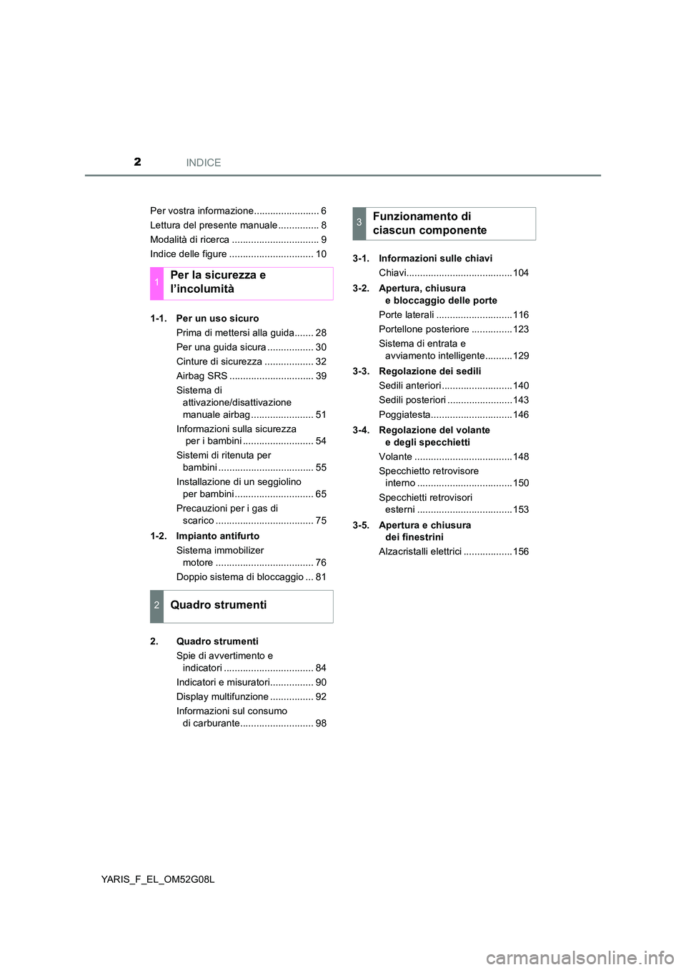 TOYOTA YARIS 2016  Manuale duso (in Italian) INDICE2
YARIS_F_EL_OM52G08L 
Per vostra informazione........................ 6 
Lettura del presente manuale ............... 8
Modalità di ricerca ................................ 9
Indice delle figu
