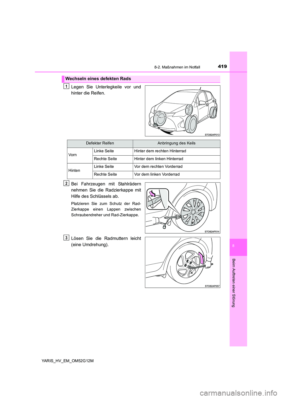 TOYOTA YARIS 2016  Betriebsanleitungen (in German) 4198-2. Maßnahmen im Notfall
8
Beim Auftreten einer Störung
YARIS_HV_EM_OM52G12M
Legen Sie Unterlegkeile vor und 
hinter die Reifen. 
Bei Fahrzeugen mit Stahlrädern 
nehmen Sie die Radzierkappe mit