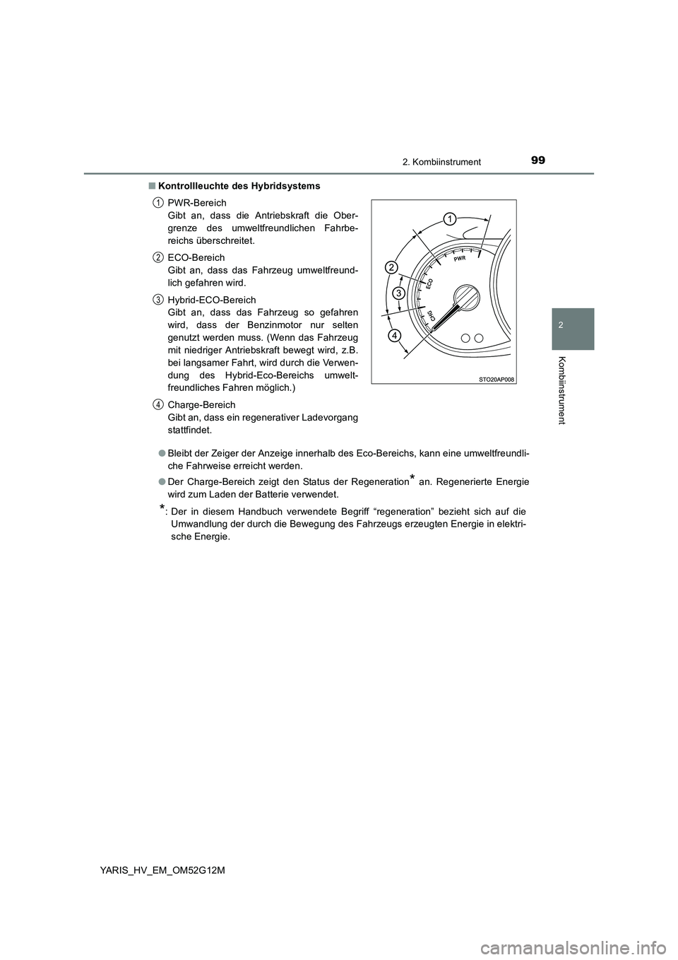 TOYOTA YARIS 2016 Betriebsanleitungen (in German) 992. Kombiinstrument
2
Kombiinstrument
YARIS_HV_EM_OM52G12M
■ Kontrollleuchte des Hybridsystems
● Bleibt der Zeiger der Anzeige innerhalb des Eco-Bereichs, kann eine umweltfreundli-
che Fahrwei TOYOTA YARIS 2016 Betriebsanleitungen (in German) 992. Kombiinstrument
2
Kombiinstrument
YARIS_HV_EM_OM52G12M
■ Kontrollleuchte des Hybridsystems
● Bleibt der Zeiger der Anzeige innerhalb des Eco-Bereichs, kann eine umweltfreundli-
che Fahrwei
