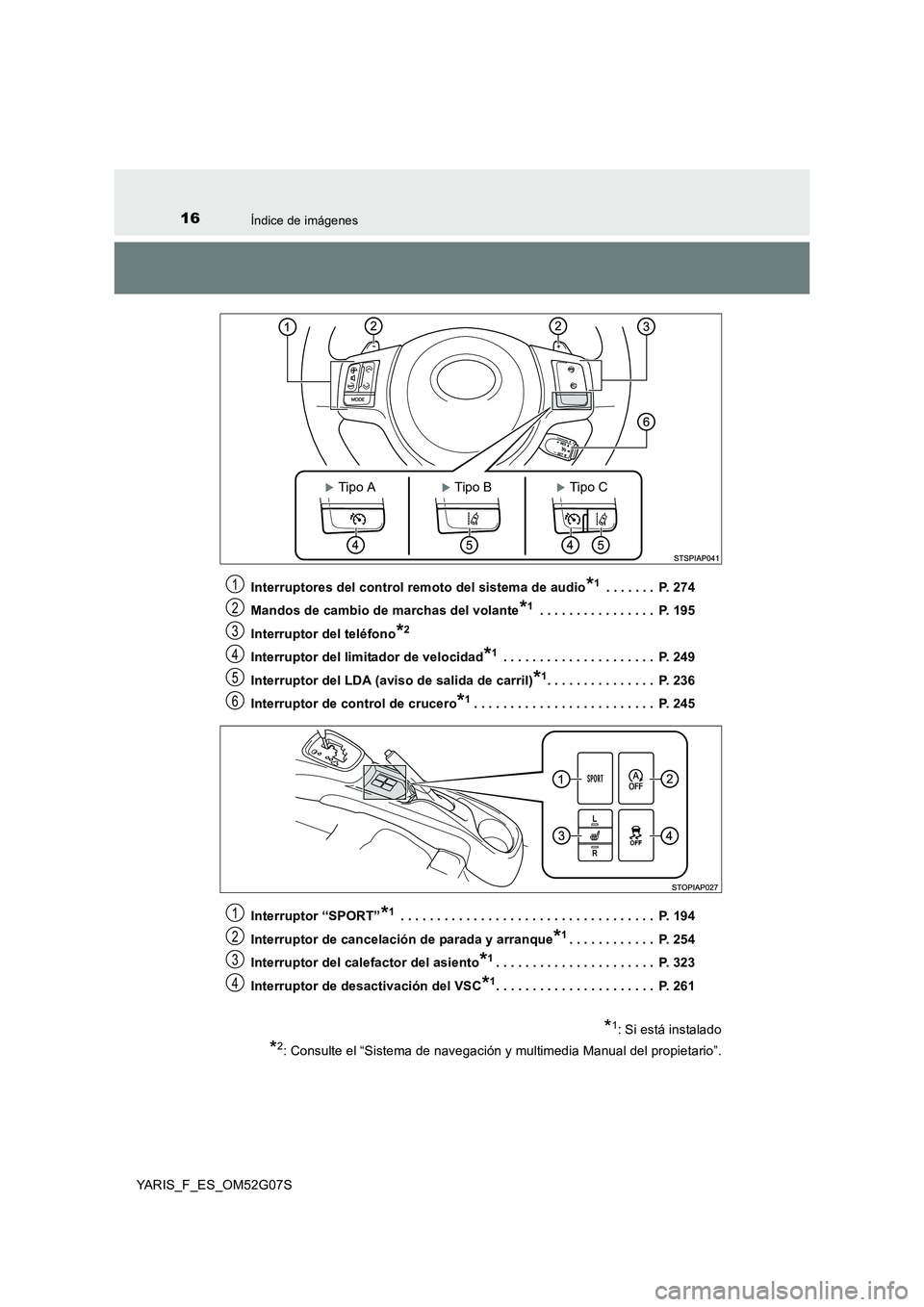 TOYOTA YARIS 2016  Manuale de Empleo (in Spanish) 16Índice de imágenes
YARIS_F_ES_OM52G07S 
Interruptores del control remoto del sistema de audio*1 . . . . . . .  P. 274 
Mandos de cambio de marchas del volante*1 . . . . . . . . . . . . . . . .  P.