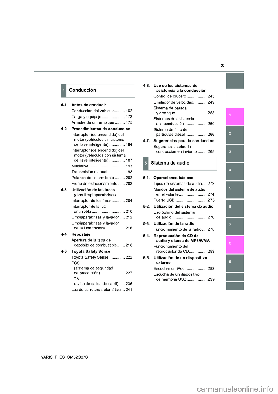 TOYOTA YARIS 2016  Manuale de Empleo (in Spanish) 3
1 
7 
8 
6 
5
4
3
2
9
YARIS_F_ES_OM52G07S 
4-1. Antes de conducir 
Conducción del vehículo ......... 162 
Carga y equipaje ..................... 173
Arrastre de un remolque ......... 175 
4-2. Pro