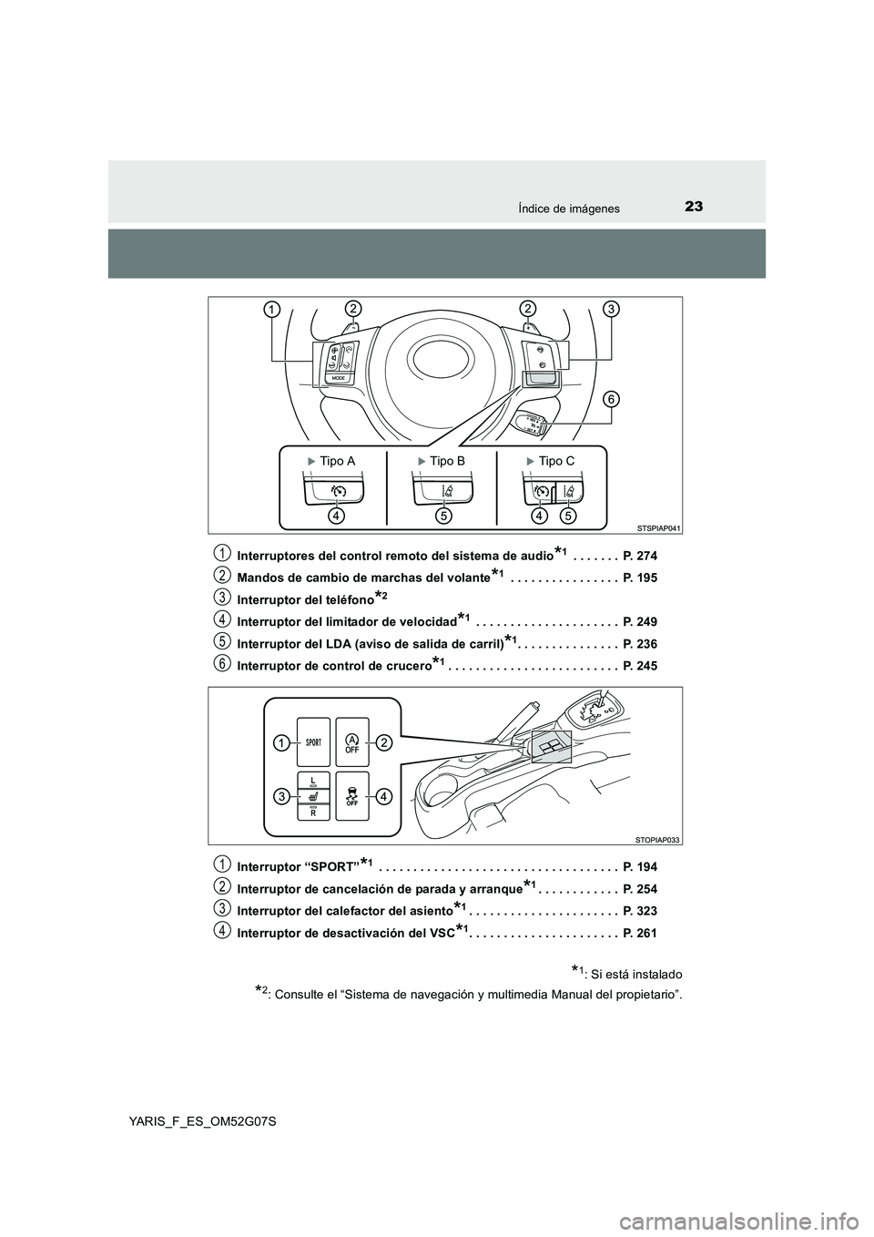 TOYOTA YARIS 2016  Manuale de Empleo (in Spanish) 23Índice de imágenes
YARIS_F_ES_OM52G07S 
Interruptores del control remoto del sistema de audio*1 . . . . . . .  P. 274 
Mandos de cambio de marchas del volante*1 . . . . . . . . . . . . . . . .  P.