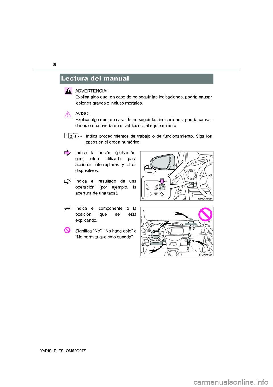 TOYOTA YARIS 2016  Manuale de Empleo (in Spanish) 8
YARIS_F_ES_OM52G07S
Lectura del manual
ADVERTENCIA:  
Explica algo que, en caso de no seguir las indicaciones, podría causar 
lesiones graves o incluso mortales. 
AV I S O :   
Explica algo que, en