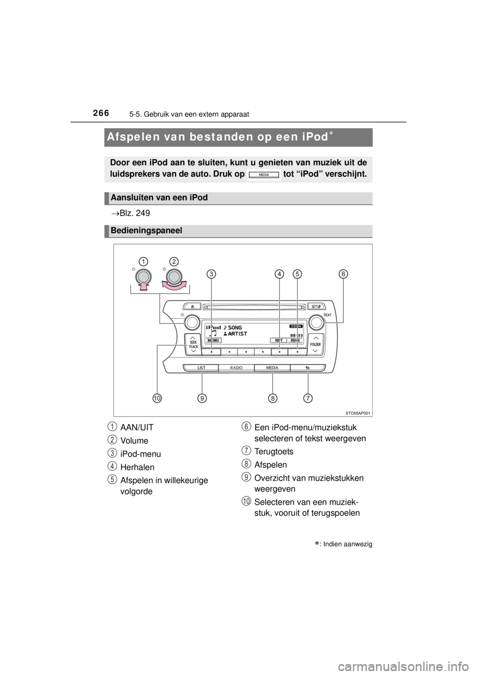 TOYOTA YARIS 2015  Instructieboekje (in Dutch) 2665-5. Gebruik van een extern apparaat
YARIS_F_WE_52D53E
Afspelen van bestanden op een iPod
Blz. 249
: Indien aanwezig
Door een iPod aan te sluiten, kunt u genieten van muziek uit de
luidspr