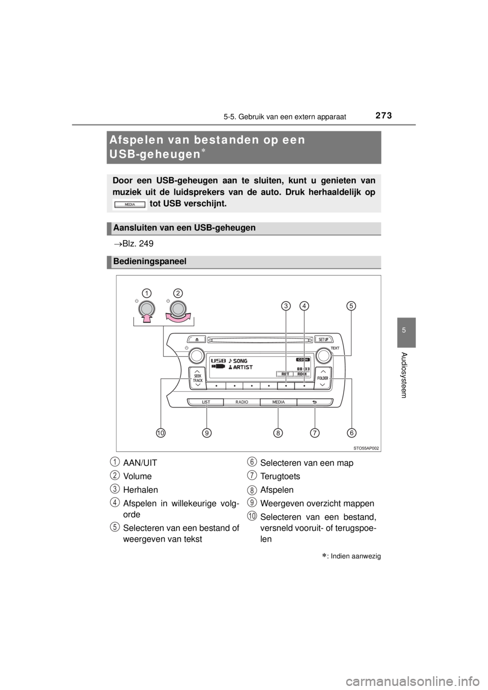TOYOTA YARIS 2015  Instructieboekje (in Dutch) 273
5
5-5. Gebruik van een extern apparaat
Audiosysteem
YARIS_F_WE_52D53E
Afspelen van bestanden op een 
USB-geheugen

Blz. 249
: Indien aanwezig
Door een USB-geheugen aan te sluiten, kunt u 