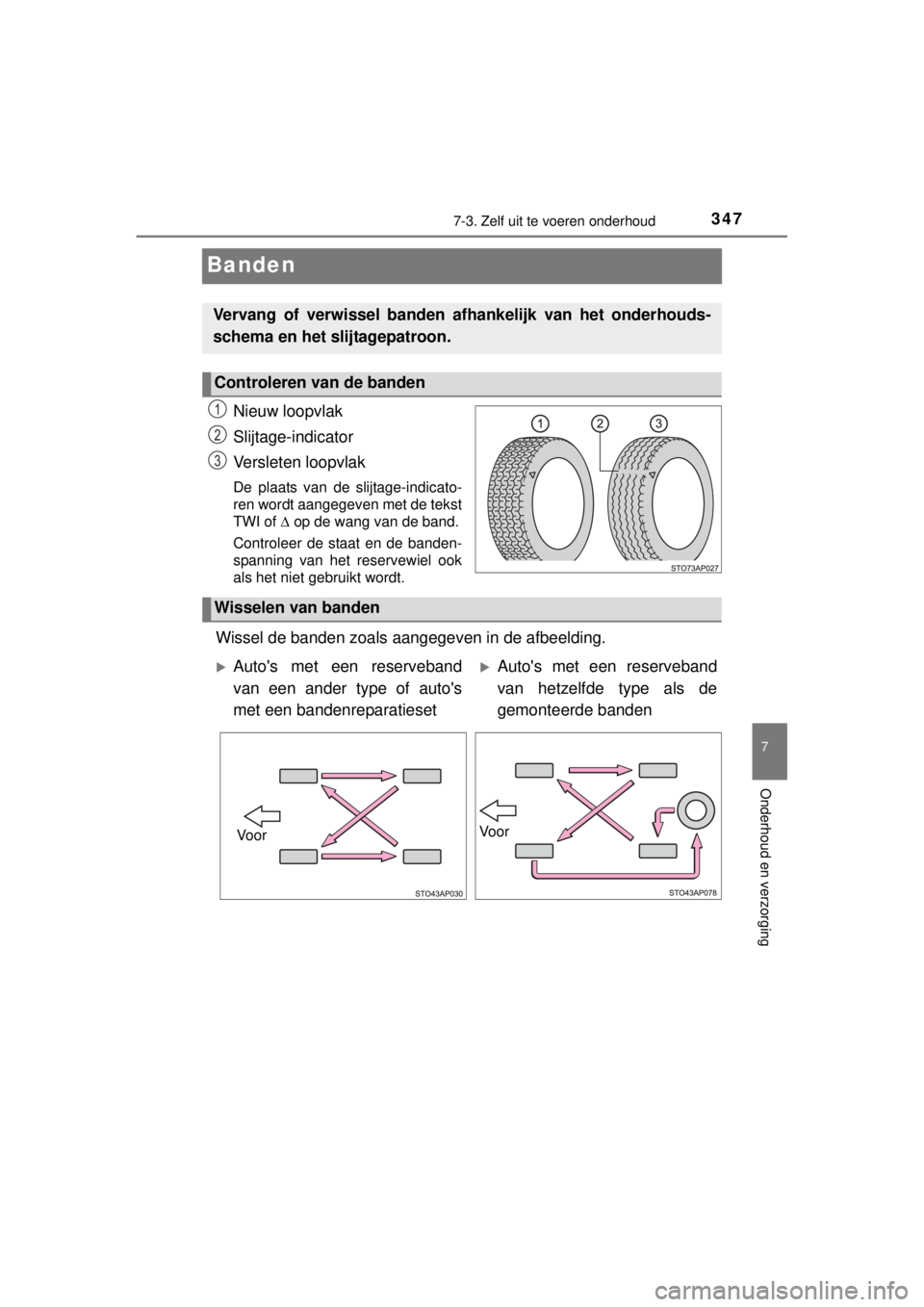 TOYOTA YARIS 2015 Instructieboekje (in Dutch) 3477-3. Zelf uit te voeren onderhoud
7
Onderhoud en verzorging
YARIS_F_WE_52D53E
Banden
Nieuw loopvlak
Slijtage-indicator
Versleten loopvlak
De plaats van de slijtage-indicato-
ren wordt aangegeven me TOYOTA YARIS 2015 Instructieboekje (in Dutch) 3477-3. Zelf uit te voeren onderhoud
7
Onderhoud en verzorging
YARIS_F_WE_52D53E
Banden
Nieuw loopvlak
Slijtage-indicator
Versleten loopvlak
De plaats van de slijtage-indicato-
ren wordt aangegeven me