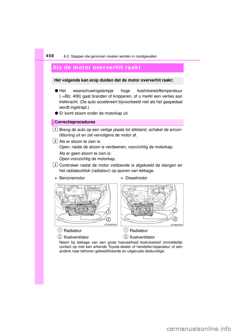 TOYOTA YARIS 2015 Instructieboekje (in Dutch) 4588-2. Stappen die genomen moeten worden in noodgevallen
YARIS_F_WE_52D53E
Als de motor over verhit raakt
●Het waarschuwingslampje hoge koelvloeistoftemperatuur
(Blz. 406) gaat branden of knippe TOYOTA YARIS 2015 Instructieboekje (in Dutch) 4588-2. Stappen die genomen moeten worden in noodgevallen
YARIS_F_WE_52D53E
Als de motor over verhit raakt
●Het waarschuwingslampje hoge koelvloeistoftemperatuur
(Blz. 406) gaat branden of knippe