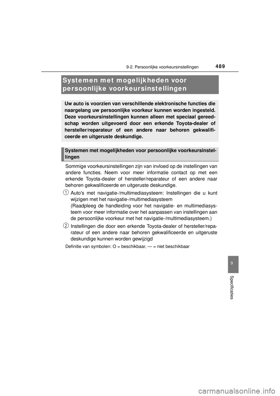 TOYOTA YARIS 2015 Instructieboekje (in Dutch) 4899-2. Persoonlijke voorkeursinstellingen
9
Specificaties
YARIS_F_WE_52D53E
Systemen met mogelijkheden voor
persoonlijke voorkeursinstellingen
Sommige voorkeursinstellingen zijn van invloed op de in TOYOTA YARIS 2015 Instructieboekje (in Dutch) 4899-2. Persoonlijke voorkeursinstellingen
9
Specificaties
YARIS_F_WE_52D53E
Systemen met mogelijkheden voor
persoonlijke voorkeursinstellingen
Sommige voorkeursinstellingen zijn van invloed op de in
