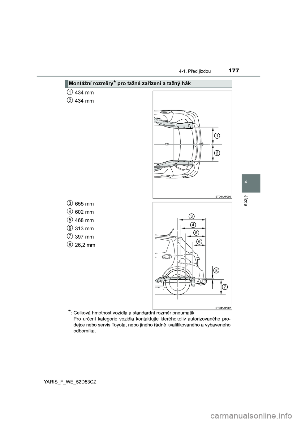 TOYOTA YARIS 2015 Návod na použití (in Czech) 1774-1. Před jízdou
4
Jízda
YARIS_F_WE_52D53CZ
434 mm
434 mm
655 mm
602 mm
468 mm
313 mm
397 mm
26,2 mm
*: Celková hmotnost vozidla a standardní rozm ěr pneumatik
Pro ur čení kategorie vozidla TOYOTA YARIS 2015 Návod na použití (in Czech) 1774-1. Před jízdou
4
Jízda
YARIS_F_WE_52D53CZ
434 mm
434 mm
655 mm
602 mm
468 mm
313 mm
397 mm
26,2 mm
*: Celková hmotnost vozidla a standardní rozm ěr pneumatik
Pro ur čení kategorie vozidla
