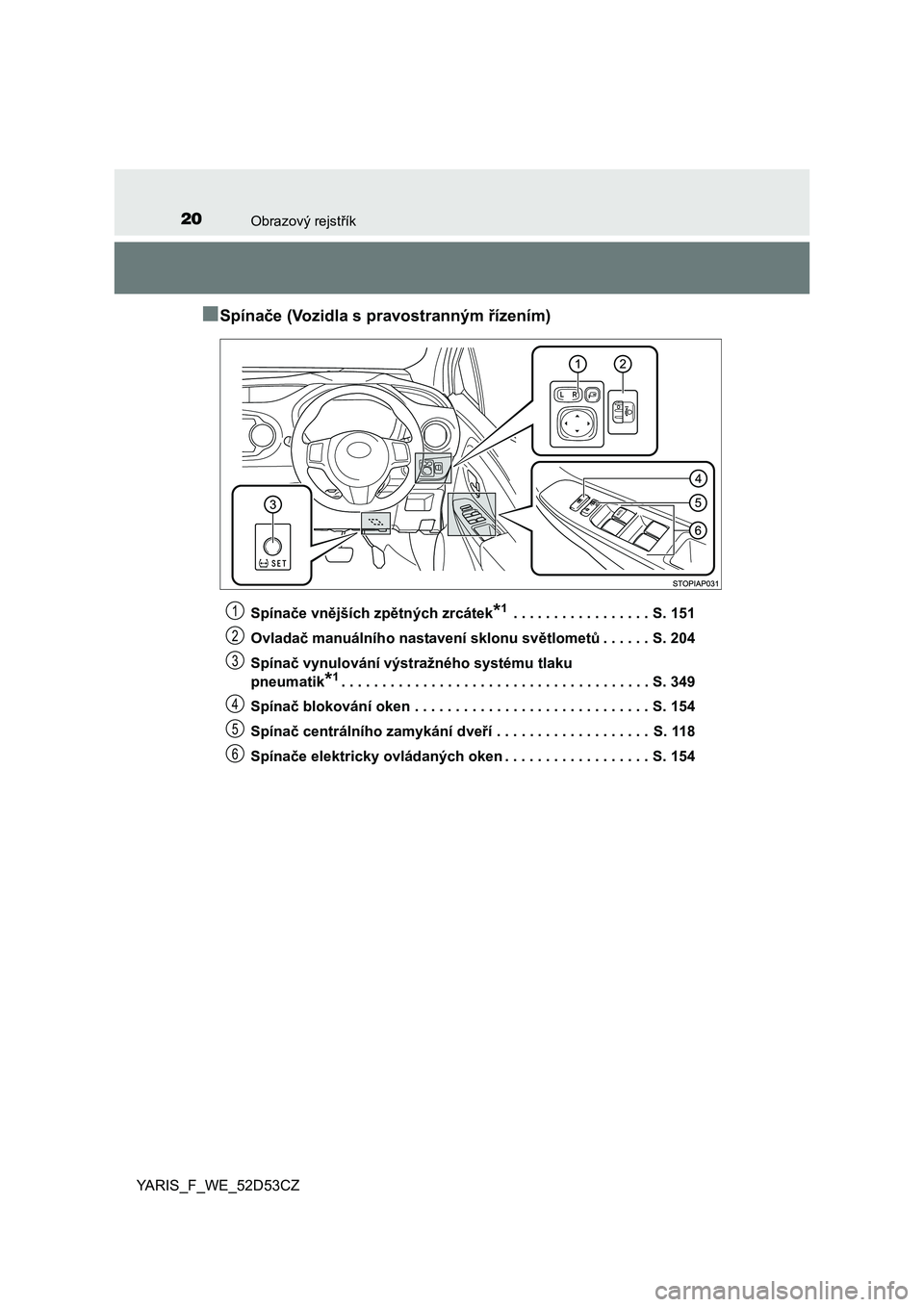 TOYOTA YARIS 2015  Návod na použití (in Czech) 20Obrazový rejstřík
YARIS_F_WE_52D53CZ
■Spínače (Vozidla s pravostranným  řízením)
Spínače vn ějších zp ětných zrcátek*1 . . . . . . . . . . . . . . . . . S. 151
Ovlada č manuáln�