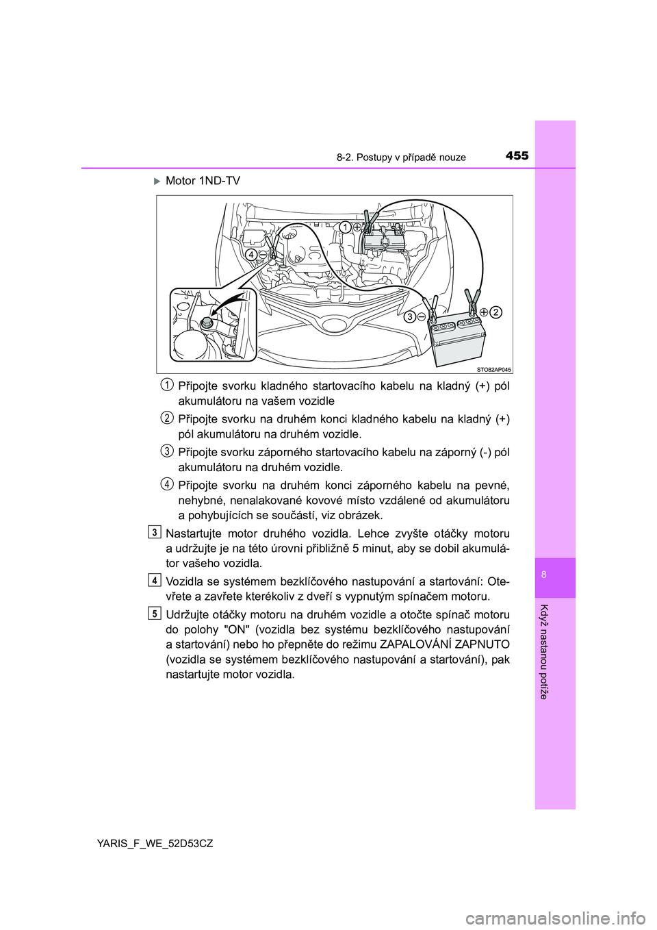 TOYOTA YARIS 2015 Návod na použití (in Czech) 4558-2. Postupy v případě nouze
8
Když nastanou potíže
YARIS_F_WE_52D53CZ
Motor 1ND-TV
Připojte svorku kladného startovacího kabelu na kladný (+) pól
akumulátoru na vašem vozidle
P ři TOYOTA YARIS 2015 Návod na použití (in Czech) 4558-2. Postupy v případě nouze
8
Když nastanou potíže
YARIS_F_WE_52D53CZ
Motor 1ND-TV
Připojte svorku kladného startovacího kabelu na kladný (+) pól
akumulátoru na vašem vozidle
P ři