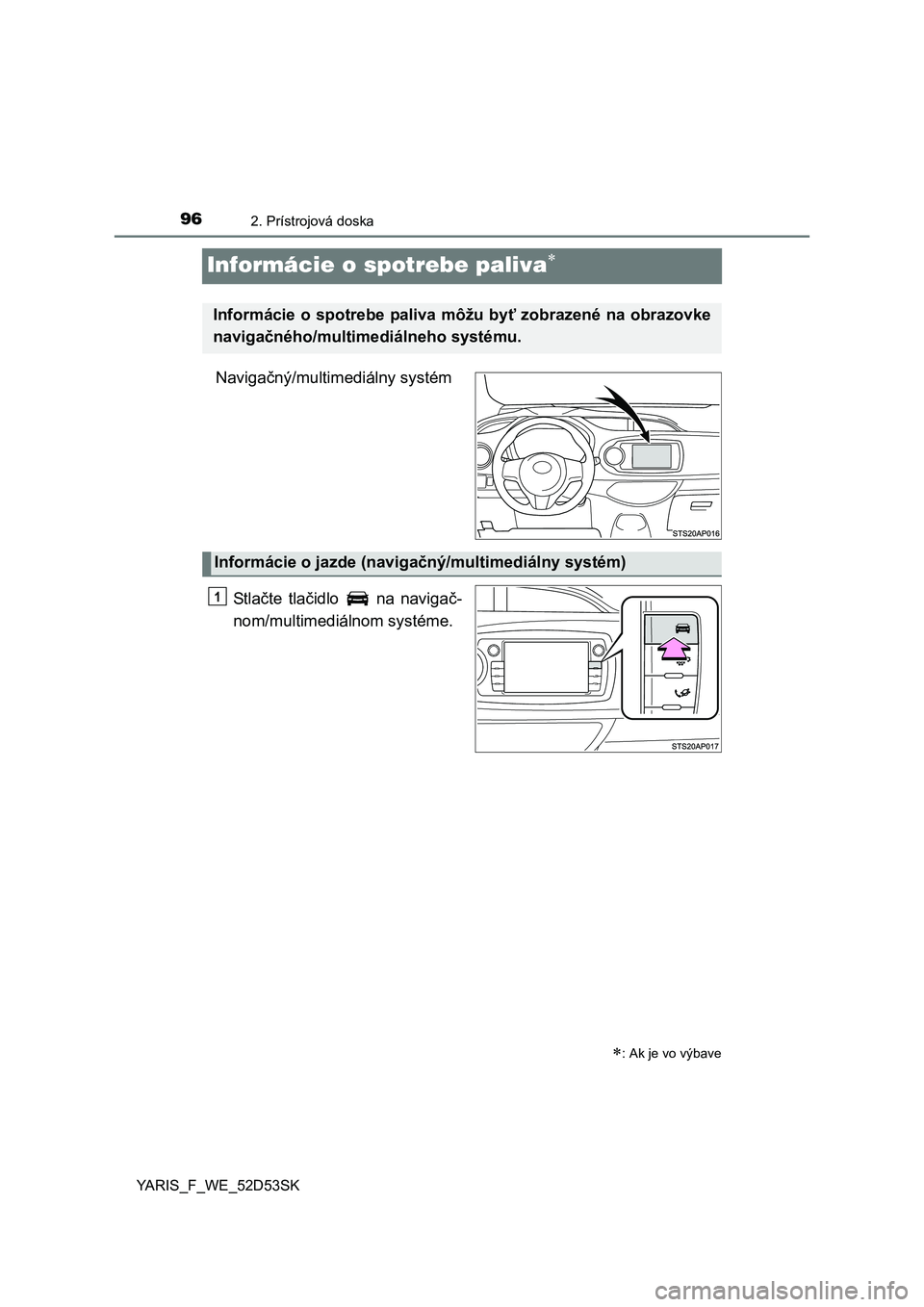 TOYOTA YARIS 2015 Návod na použitie (in Slovakian) 962. Prístrojová doska
YARIS_F_WE_52D53SK
Informácie o spotrebe paliva
Navigačný/multimediálny systém
St la čte tla čidlo na naviga č-
nom/multimediálnom systéme.
: Ak je vo výbav TOYOTA YARIS 2015 Návod na použitie (in Slovakian) 962. Prístrojová doska
YARIS_F_WE_52D53SK
Informácie o spotrebe paliva
Navigačný/multimediálny systém
St la čte tla čidlo na naviga č-
nom/multimediálnom systéme.
: Ak je vo výbav