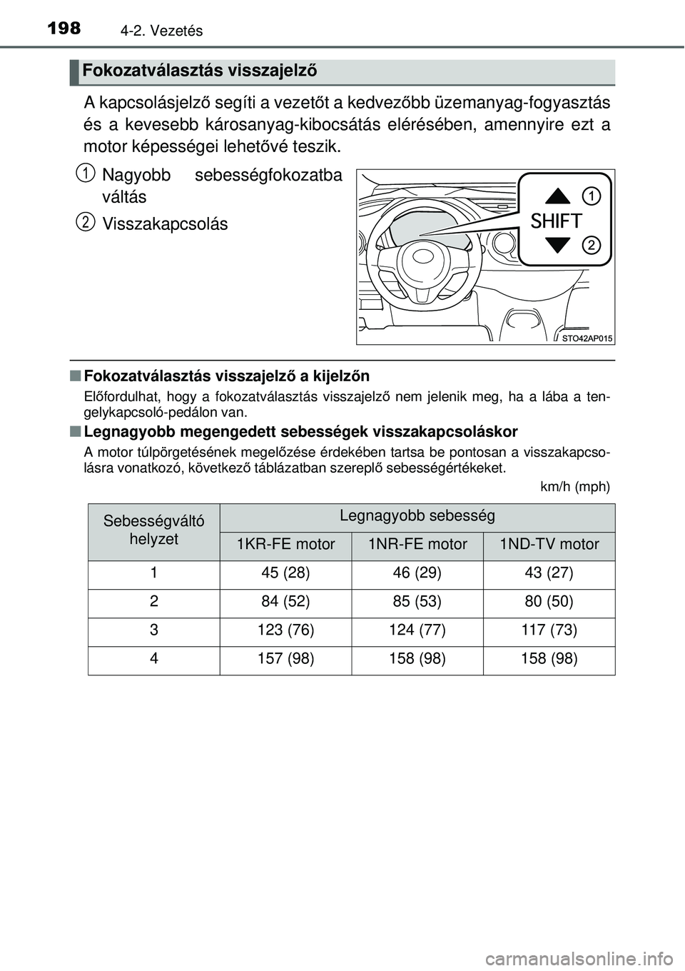 TOYOTA YARIS 2015  Kezelési útmutató (in Hungarian) 1984-2. Vezetés
A kapcsolásjelző segíti a vezetőt a kedvezőbb üzemanyag-fogyasztás
és a kevesebb károsanyag-kibocsátás elérésében, amennyire ezt a
motor képességei lehetővé teszik.
