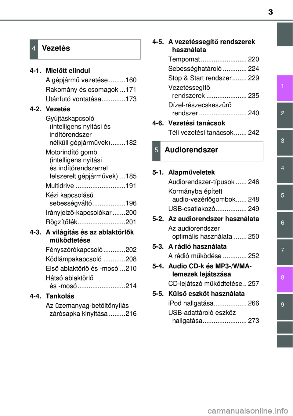 TOYOTA YARIS 2015 Kezelési útmutató (in Hungarian) 3
1
7
8 6 5
4
3
2
9
4-1. Mielőtt elindul
A gépjármű vezetése .........160
Rakomány és csomagok ...171
Utánfutó vontatása.............173
4-2. Vezetés
Gyújtáskapcsoló
(intelligens nyitá TOYOTA YARIS 2015 Kezelési útmutató (in Hungarian) 3
1
7
8 6 5
4
3
2
9
4-1. Mielőtt elindul
A gépjármű vezetése .........160
Rakomány és csomagok ...171
Utánfutó vontatása.............173
4-2. Vezetés
Gyújtáskapcsoló
(intelligens nyitá
