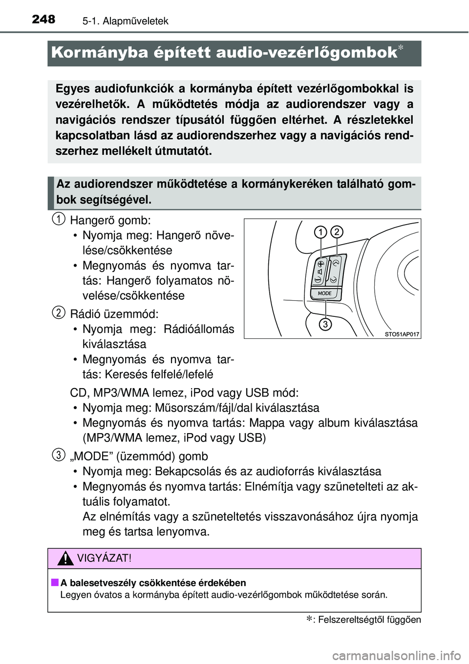 TOYOTA YARIS 2015  Kezelési útmutató (in Hungarian) 2485-1. Alapműveletek
Kor mányba épített audio-vezérlőgombok∗
Hangerő gomb:
 Nyomja meg: Hangerő növe-
lése/csökkentése
 Megnyomás és nyomva tar-
tás: Hangerő folyamatos nö-
velé
