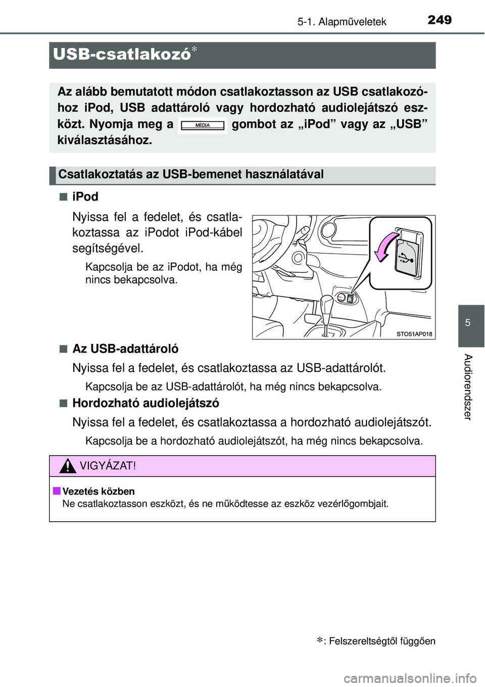 TOYOTA YARIS 2015  Kezelési útmutató (in Hungarian) 249
5
5-1. Alapműveletek
Audiorendszer
USB-csatlakozó∗
�QiPod
Nyissa fel a fedelet, és csatla-
koztassa az iPodot iPod-kábel
segítségével.
Kapcsolja be az iPodot, ha még
nincs bekapcsolva.
�