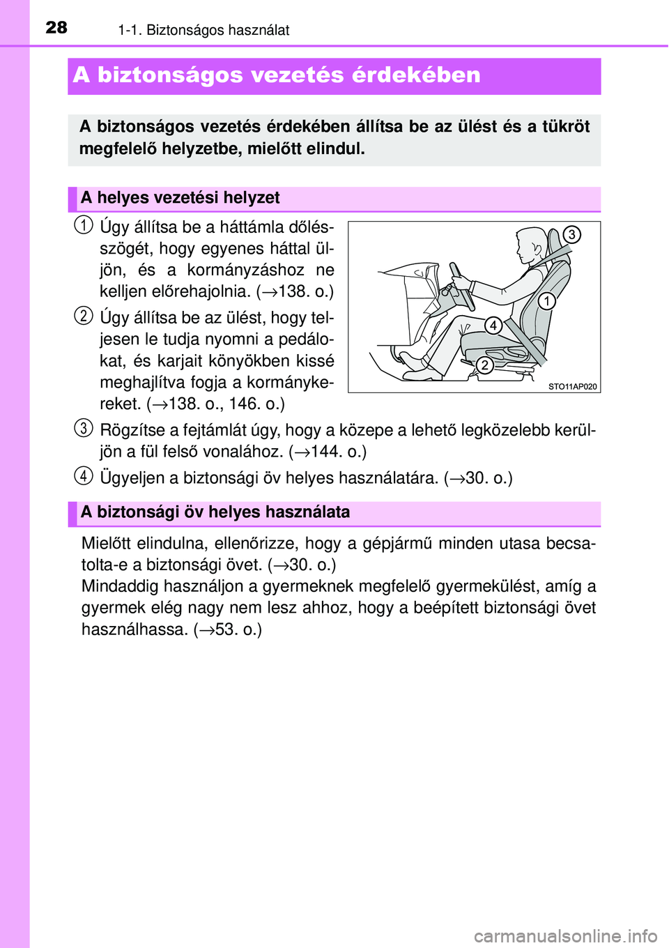 TOYOTA YARIS 2015  Kezelési útmutató (in Hungarian) 281-1. Biztonságos használat
A biztonságos vezetés érdekében
Úgy állítsa be a háttámla dőlés-
szögét, hogy egyenes háttal ül-
jön, és a kormányzáshoz ne
kelljen előrehajolnia. (