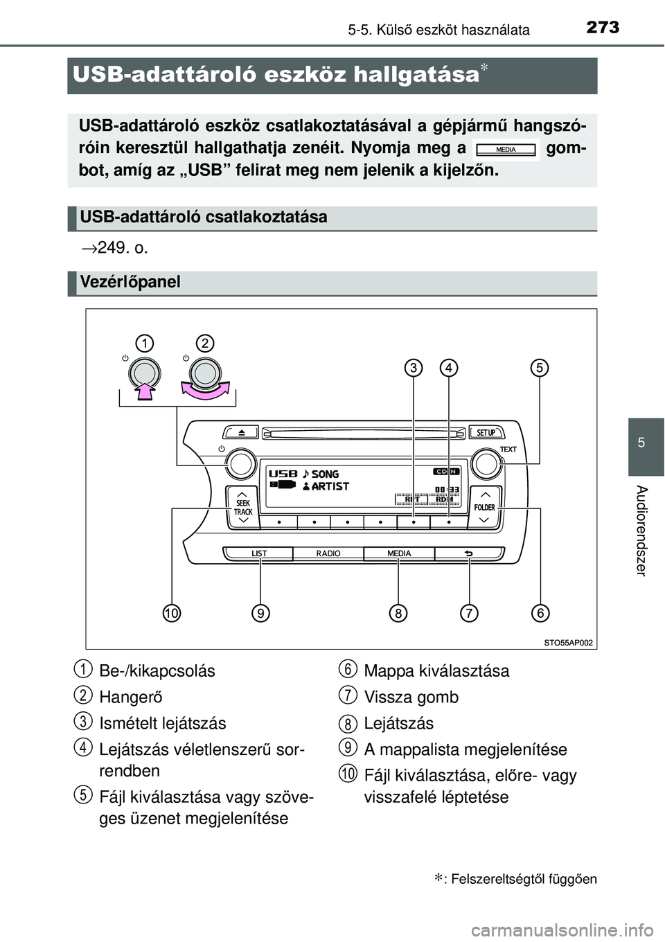 TOYOTA YARIS 2015  Kezelési útmutató (in Hungarian) 273
5
5-5. Külső eszköt használata
Audiorendszer
USB-adattároló eszköz hallgatása∗
→249. o.
∗: Felszereltségtől függően
USB-adattároló eszköz csatlakoztatásával a gépjármű ha
