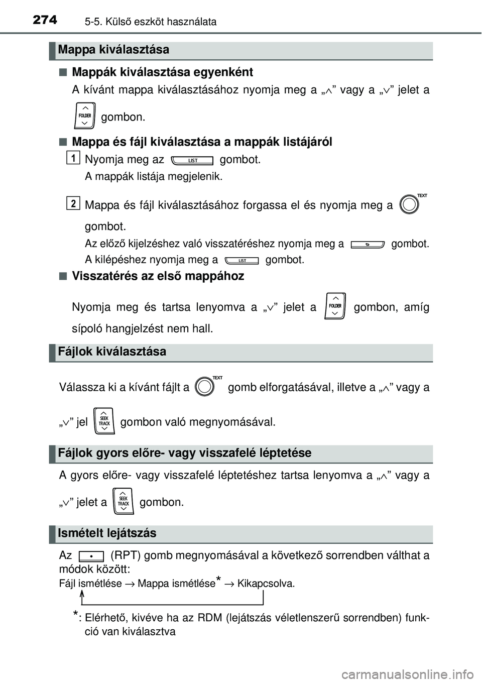 TOYOTA YARIS 2015  Kezelési útmutató (in Hungarian) 2745-5. Külső eszköt használata
�QMappák kiválasztása egyenként
A kívánt mappa kiválasztásához nyomja meg a „∧” vagy a „∨” jelet a
 gombon.
�QMappa és fájl kiválasztása a 