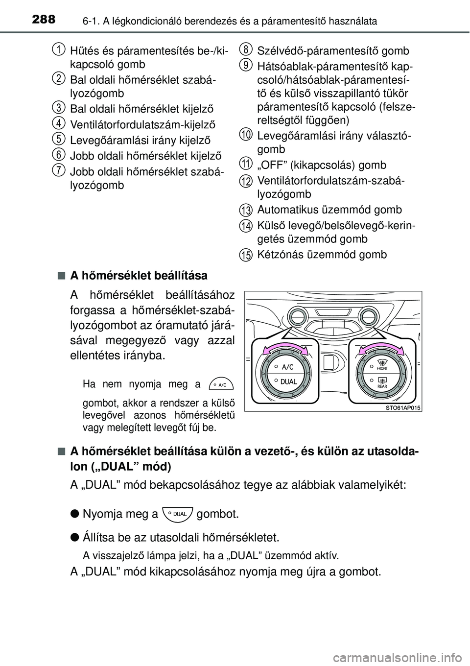 TOYOTA YARIS 2015  Kezelési útmutató (in Hungarian) 2886-1. A légkondicionáló berendezés és a páramentesítő használata
�QA hőmérséklet beállítása
A hőmérséklet beállításához
forgassa a hőmérséklet-szabá-
lyozógombot az óramu