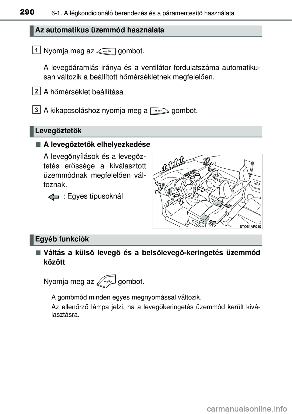 TOYOTA YARIS 2015  Kezelési útmutató (in Hungarian) 2906-1. A légkondicionáló berendezés és a páramentesítő használata
Nyomja meg az   gombot.
A levegőáramlás iránya és a ventilátor fordulatszáma automatiku-
san változik a beállított