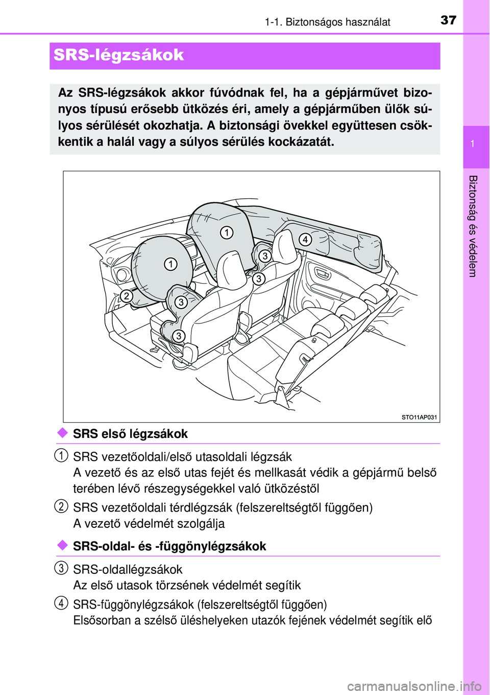 TOYOTA YARIS 2015  Kezelési útmutató (in Hungarian) 371-1. Biztonságos használat
1
Biztonság és védelem
SRS-légzsákok
�XSRS első légzsákok
SRS vezetőoldali/első utasoldali légzsák
A vezető és az első utas fejét és mellkasát védik a