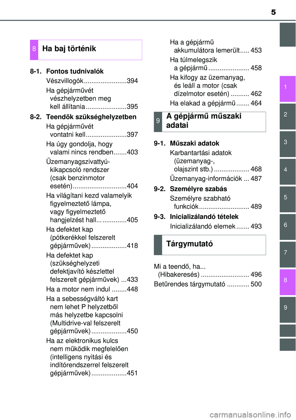 TOYOTA YARIS 2015 Kezelési útmutató (in Hungarian) 5
1
7
8 6 5
4
3
2
9
8-1. Fontos tudnivalók
Vészvillogók .......................394
Ha gépjárművét
vészhelyzetben meg
kell állítania ......................395
8-2. Teendők szükséghelyzet TOYOTA YARIS 2015 Kezelési útmutató (in Hungarian) 5
1
7
8 6 5
4
3
2
9
8-1. Fontos tudnivalók
Vészvillogók .......................394
Ha gépjárművét
vészhelyzetben meg
kell állítania ......................395
8-2. Teendők szükséghelyzet