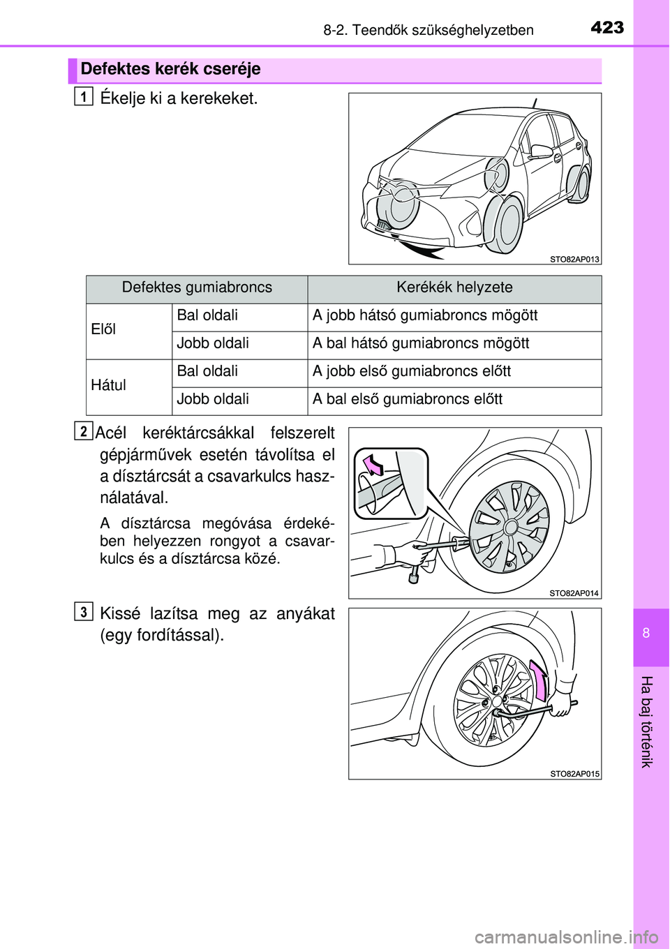 TOYOTA YARIS 2015  Kezelési útmutató (in Hungarian) 4238-2. Teendők szükséghelyzetben
8
Ha baj történik
Ékelje ki a kerekeket.
Acél keréktárcsákkal felszerelt
gépjárművek esetén távolítsa el
a dísztárcsát a csavarkulcs hasz-
nálatá