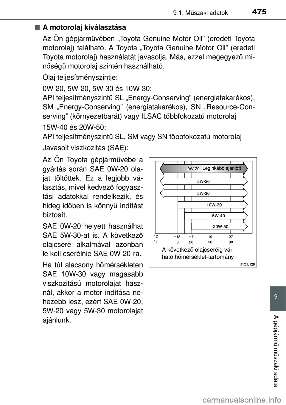 TOYOTA YARIS 2015  Kezelési útmutató (in Hungarian) 4759-1. Műszaki adatok
9
A gépjármű műszaki adatai
�QA motorolaj kiválasztása
Az Ön gépjárművében „Toyota Genuine Motor Oil” (eredeti Toyota
motorolaj) található. A Toyota „Toyota 