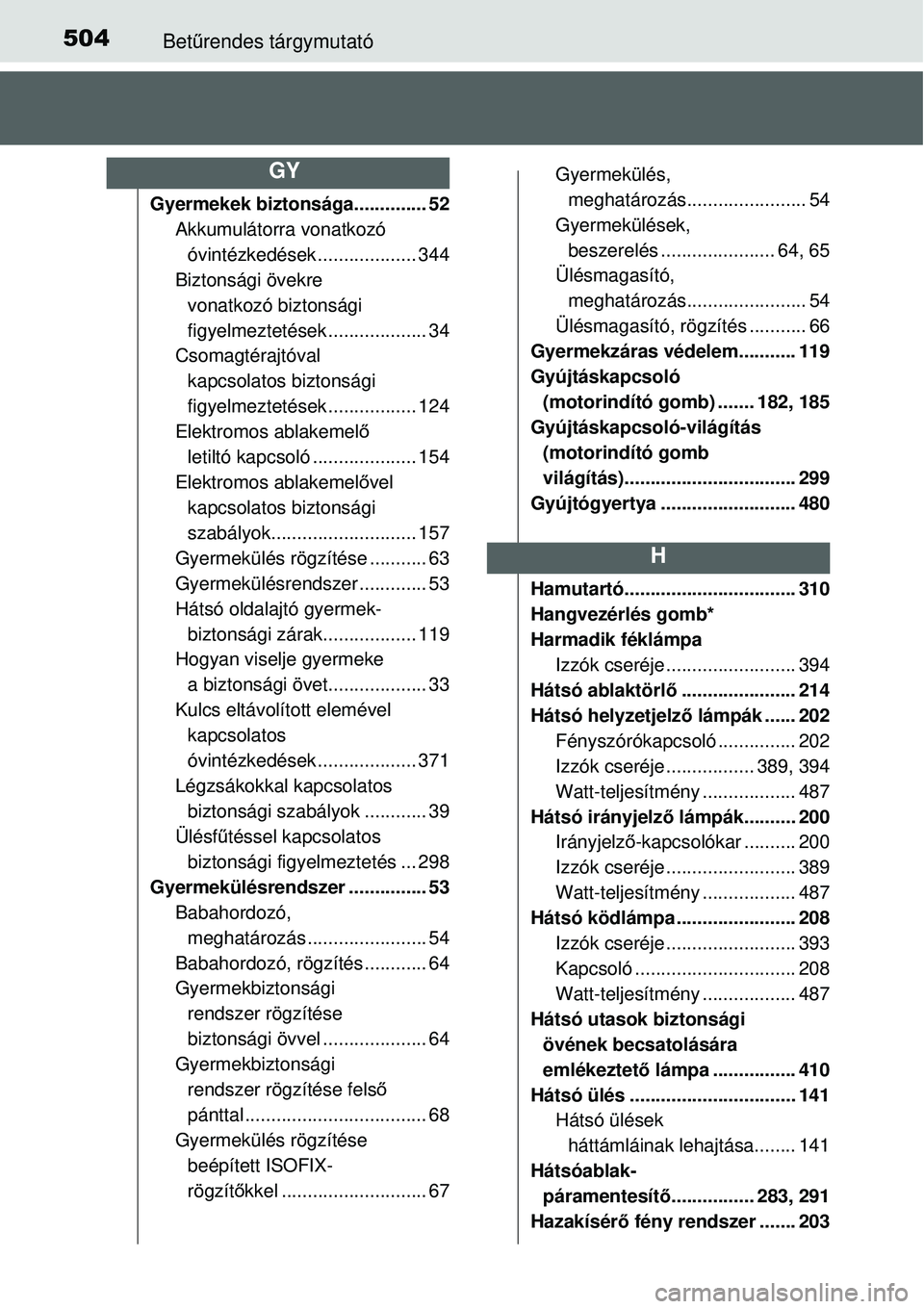 TOYOTA YARIS 2015 Kezelési útmutató (in Hungarian) 504Betűrendes tárgymutató
Gyermekek biztonsága.............. 52
Akkumulátorra vonatkozó
óvintézkedések ................... 344
Biztonsági övekre
vonatkozó biztonsági
figyelmeztetések TOYOTA YARIS 2015 Kezelési útmutató (in Hungarian) 504Betűrendes tárgymutató
Gyermekek biztonsága.............. 52
Akkumulátorra vonatkozó
óvintézkedések ................... 344
Biztonsági övekre
vonatkozó biztonsági
figyelmeztetések