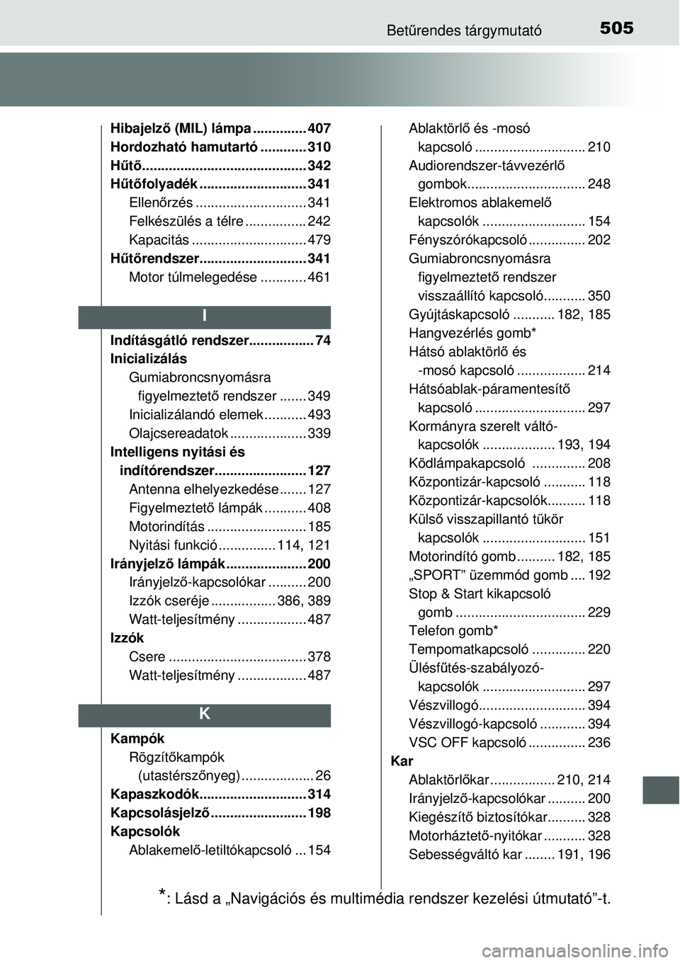 TOYOTA YARIS 2015 Kezelési útmutató (in Hungarian) 505Betűrendes tárgymutató
Hibajelző (MIL) lámpa .............. 407
Hordozható hamutartó ............ 310
Hűtő........................................... 342
Hűtőfolyadék .................. TOYOTA YARIS 2015 Kezelési útmutató (in Hungarian) 505Betűrendes tárgymutató
Hibajelző (MIL) lámpa .............. 407
Hordozható hamutartó ............ 310
Hűtő........................................... 342
Hűtőfolyadék ..................