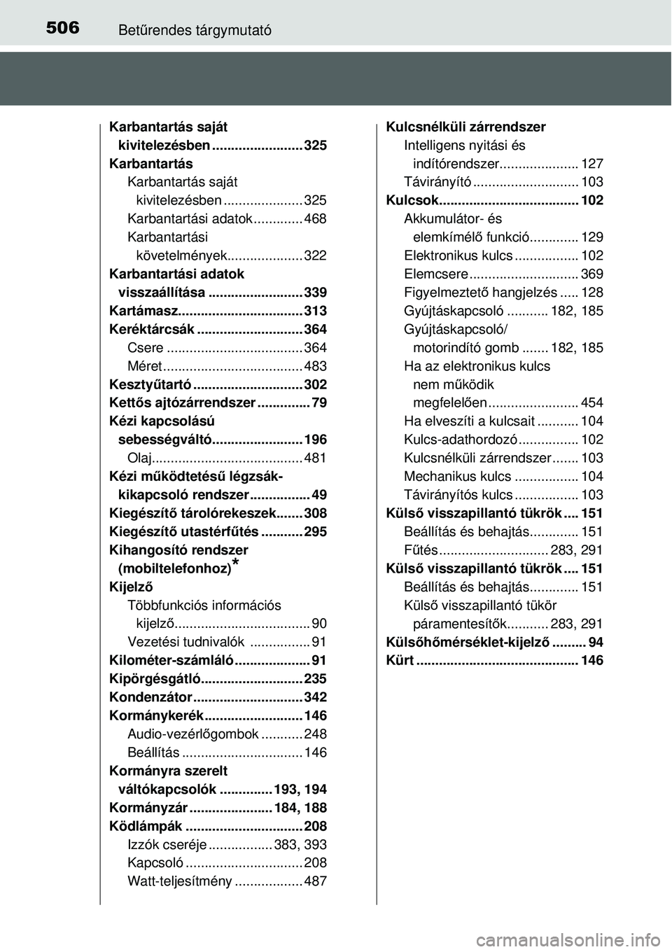 TOYOTA YARIS 2015 Kezelési útmutató (in Hungarian) 506Betűrendes tárgymutató
Karbantartás saját
kivitelezésben ........................ 325
Karbantartás
Karbantartás saját
kivitelezésben ..................... 325
Karbantartási adatok .... TOYOTA YARIS 2015 Kezelési útmutató (in Hungarian) 506Betűrendes tárgymutató
Karbantartás saját
kivitelezésben ........................ 325
Karbantartás
Karbantartás saját
kivitelezésben ..................... 325
Karbantartási adatok ....