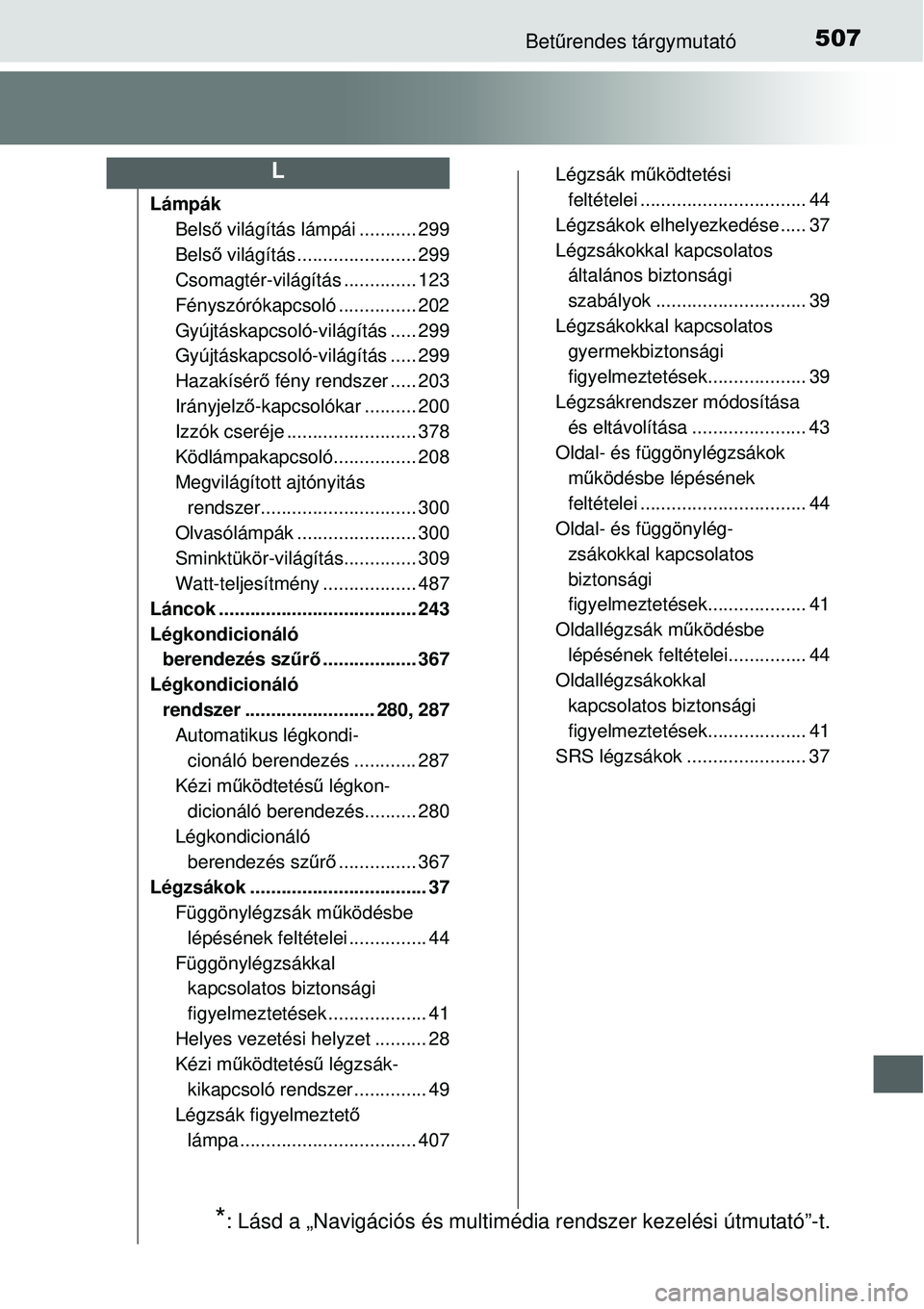 TOYOTA YARIS 2015 Kezelési útmutató (in Hungarian) 507Betűrendes tárgymutató
Lámpák
Belső világítás lámpái ........... 299
Belső világítás ....................... 299
Csomagtér-világítás .............. 123
Fényszórókapcsoló .... TOYOTA YARIS 2015 Kezelési útmutató (in Hungarian) 507Betűrendes tárgymutató
Lámpák
Belső világítás lámpái ........... 299
Belső világítás ....................... 299
Csomagtér-világítás .............. 123
Fényszórókapcsoló ....