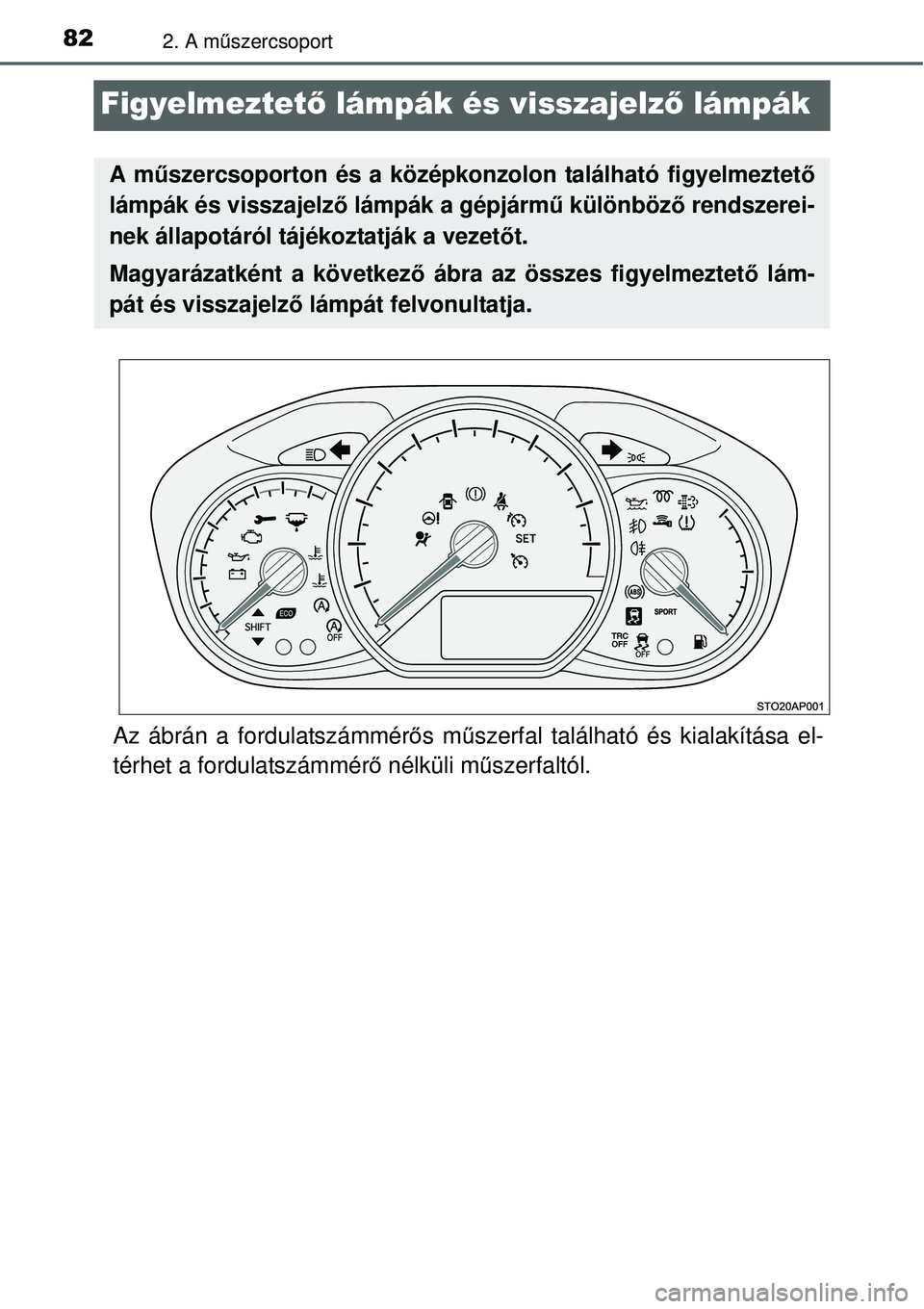 TOYOTA YARIS 2015 Kezelési útmutató (in Hungarian) 822. A műszercsoport
Figyelmeztető lámpák és visszajelző lámpák
Az ábrán a fordulatszámmérős műszerfal található és kialakítása el-
térhet a fordulatszámmérő nélküli műszerfa TOYOTA YARIS 2015 Kezelési útmutató (in Hungarian) 822. A műszercsoport
Figyelmeztető lámpák és visszajelző lámpák
Az ábrán a fordulatszámmérős műszerfal található és kialakítása el-
térhet a fordulatszámmérő nélküli műszerfa