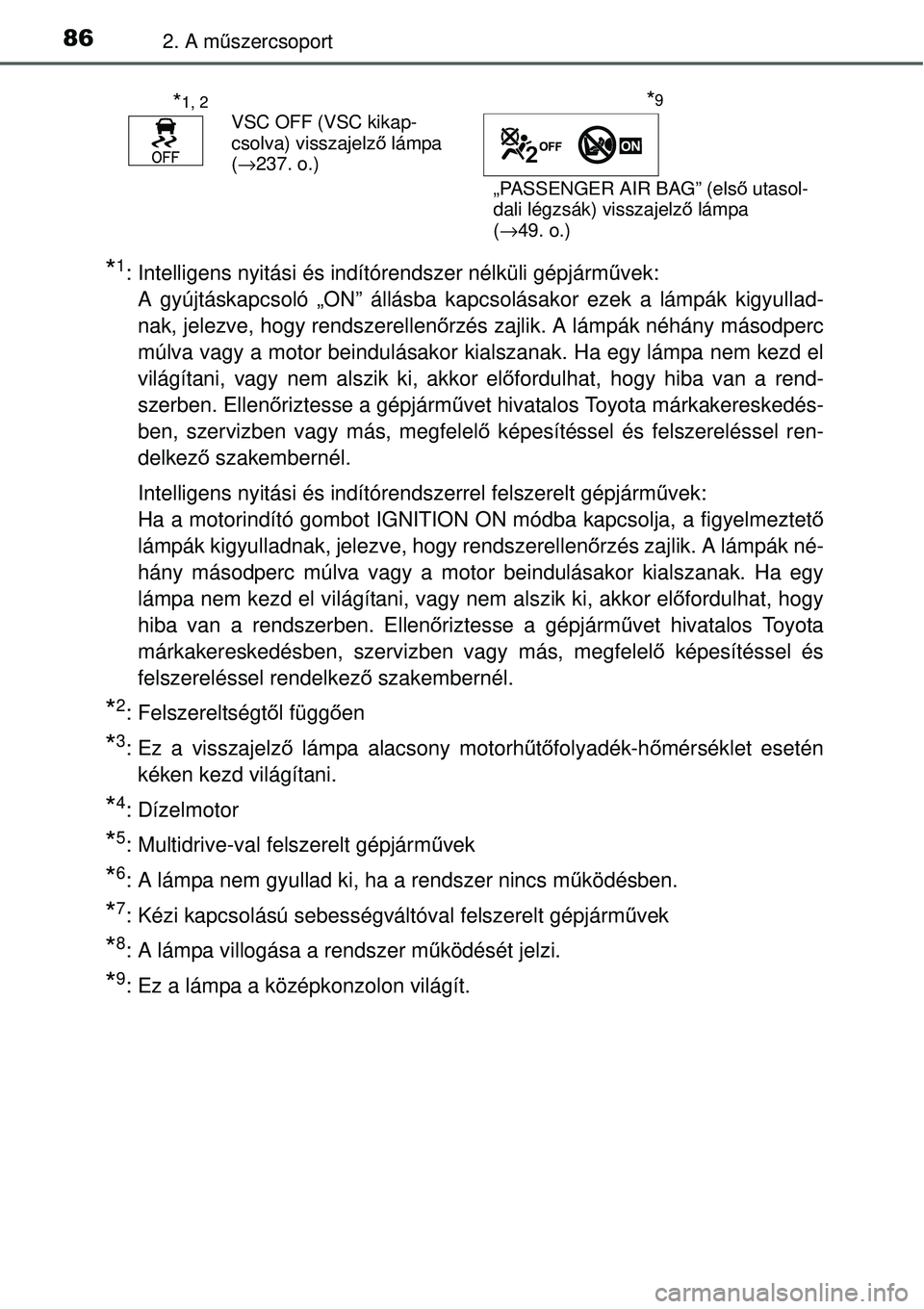 TOYOTA YARIS 2015 Kezelési útmutató (in Hungarian) 862. A műszercsoport
*1: Intelligens nyitási és indítórendszer nélküli gépjárművek:
A gyújtáskapcsoló „ON” állásba kapcsolásakor ezek a lámpák kigyullad-
nak, jelezve, hogy rend TOYOTA YARIS 2015 Kezelési útmutató (in Hungarian) 862. A műszercsoport
*1: Intelligens nyitási és indítórendszer nélküli gépjárművek:
A gyújtáskapcsoló „ON” állásba kapcsolásakor ezek a lámpák kigyullad-
nak, jelezve, hogy rend