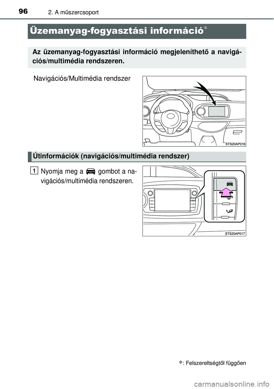 TOYOTA YARIS 2015  Kezelési útmutató (in Hungarian) 962. A műszercsoport
Üzemanyag-fogyasztási információ∗
Navigációs/Multimédia rendszer
Nyomja meg a   gombot a na-
vigációs/multimédia rendszeren.
∗: Felszereltségtől függően
Az üze