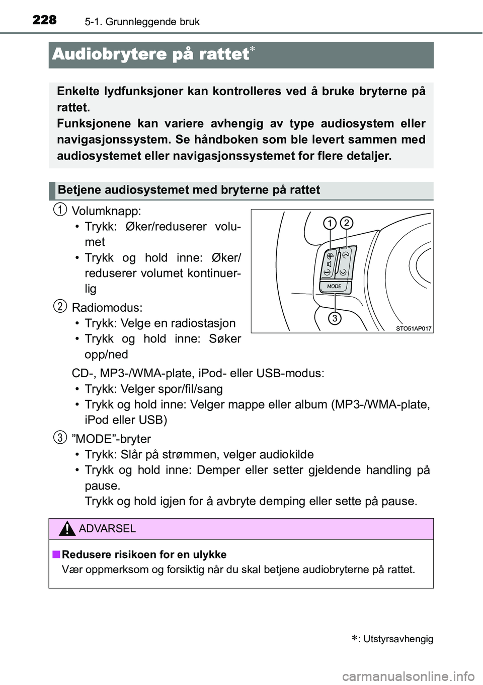 TOYOTA YARIS 2015  Instruksjoner for bruk (in Norwegian) 2285-1. Grunnleggende bruk
Audiobr ytere på rattet∗
Volumknapp:
• Trykk: Øker/reduserer volu-
met
• Trykk og hold inne: Øker/
reduserer volumet kontinuer-
lig
Radiomodus:
• Trykk: Velge en 