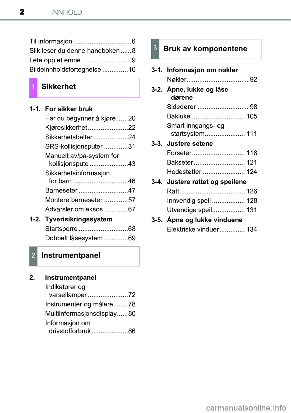 TOYOTA YARIS 2015  Instruksjoner for bruk (in Norwegian) INNHOLD2
Til informasjon ................................6
Slik leser du denne håndboken ......8
Lete opp et emne ...........................9
Bildeinnholdsfortegnelse ..............10
1-1. For sikke