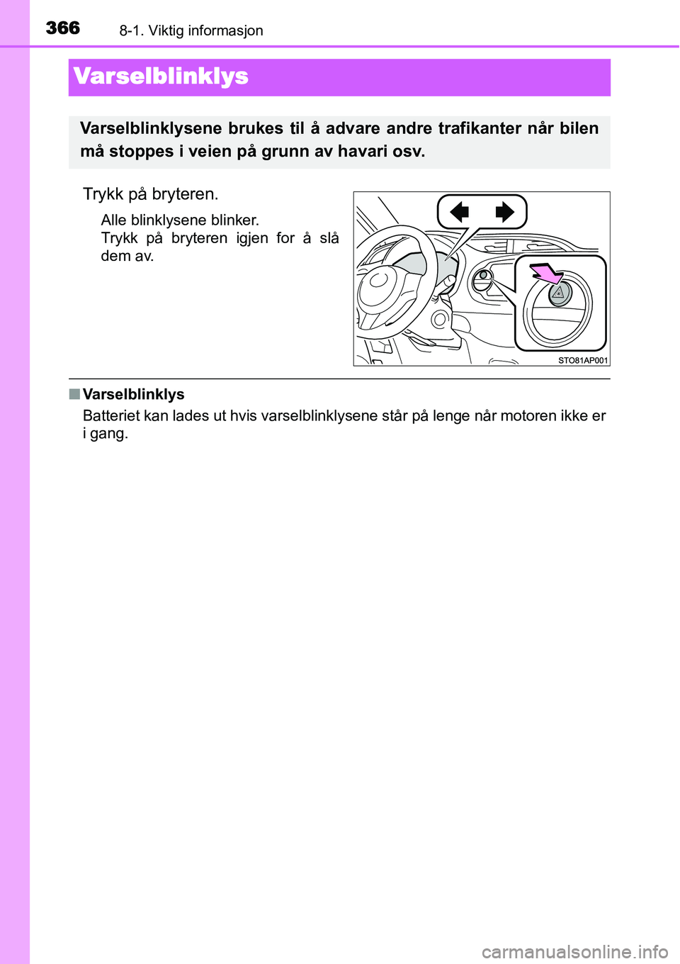TOYOTA YARIS 2015  Instruksjoner for bruk (in Norwegian) 3668-1. Viktig informasjon
Varselblinklys
Trykk på bryteren.
Alle blinklysene blinker.
Trykk på bryteren igjen for å slå
dem av.
■Varselblinklys
Batteriet kan lades ut hvis varselblinklysene st