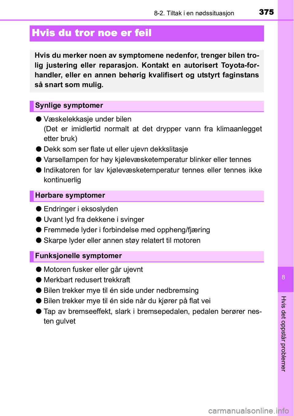 TOYOTA YARIS 2015 Instruksjoner for bruk (in Norwegian) 3758-2. Tiltak i en nødssituasjon
8
Hvis det oppstår problemer
Hvis du tror noe er feil
●Væskelekkasje under bilen
(Det er imidlertid normalt at det drypper vann fra klimaanlegget
etter bruk)
● TOYOTA YARIS 2015 Instruksjoner for bruk (in Norwegian) 3758-2. Tiltak i en nødssituasjon
8
Hvis det oppstår problemer
Hvis du tror noe er feil
●Væskelekkasje under bilen
(Det er imidlertid normalt at det drypper vann fra klimaanlegget
etter bruk)
●