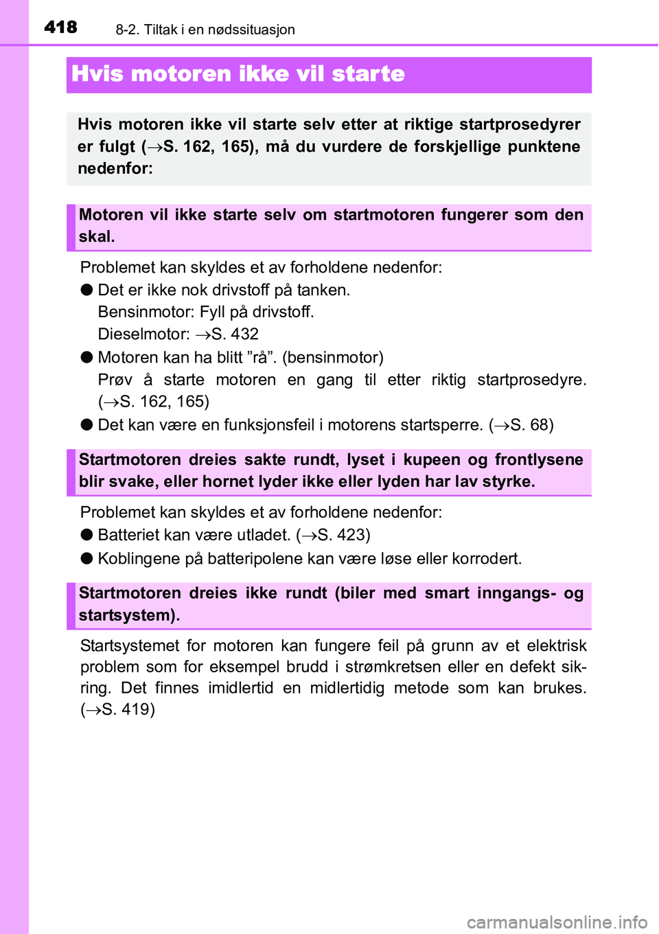 TOYOTA YARIS 2015 Instruksjoner for bruk (in Norwegian) 4188-2. Tiltak i en nødssituasjon
Hvis motoren ikke vil star te
Problemet kan skyldes et av forholdene nedenfor:
●Det er ikke nok drivstoff på tanken.
Bensinmotor: Fyll på drivstoff.
Dieselmoto TOYOTA YARIS 2015 Instruksjoner for bruk (in Norwegian) 4188-2. Tiltak i en nødssituasjon
Hvis motoren ikke vil star te
Problemet kan skyldes et av forholdene nedenfor:
●Det er ikke nok drivstoff på tanken.
Bensinmotor: Fyll på drivstoff.
Dieselmoto