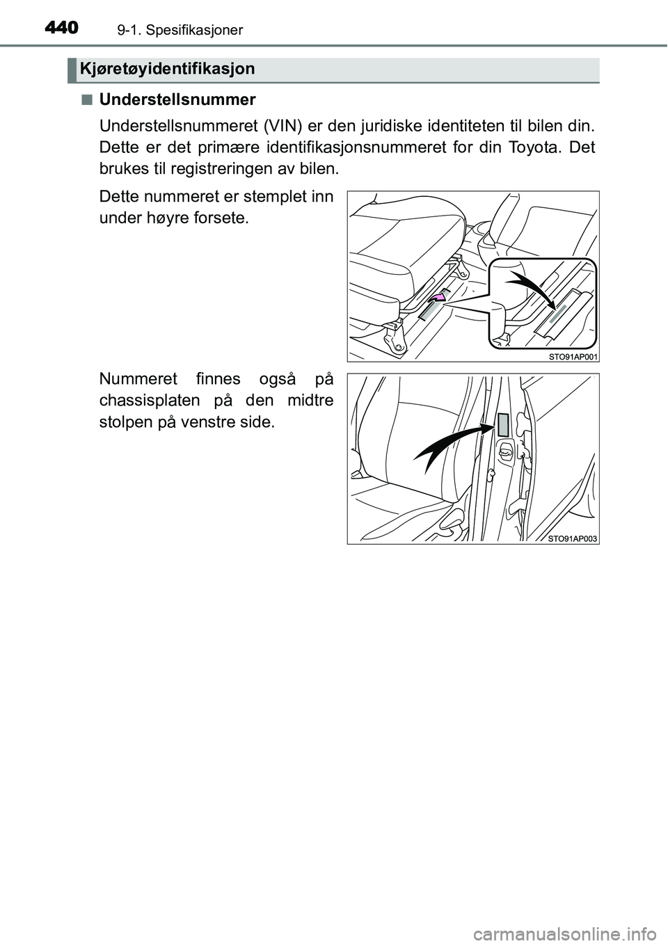 TOYOTA YARIS 2015  Instruksjoner for bruk (in Norwegian) 4409-1. Spesifikasjoner
■Understellsnummer
Understellsnummeret (VIN) er den juridiske identiteten til bilen din.
Dette er det primære identifikasjonsnummeret for din Toyota. Det
brukes til registre