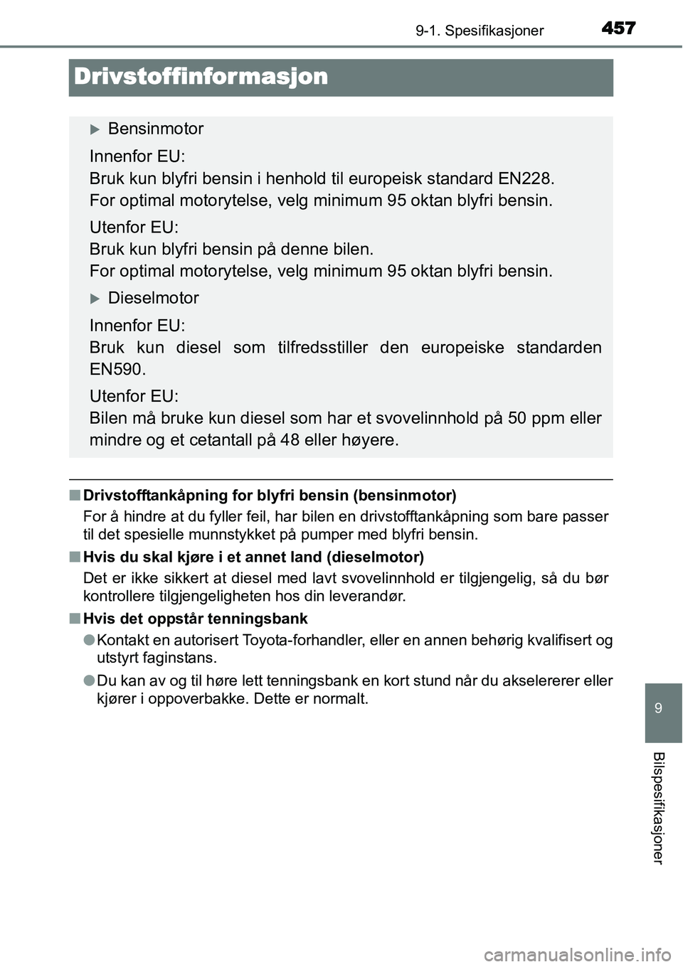 TOYOTA YARIS 2015  Instruksjoner for bruk (in Norwegian) 4579-1. Spesifikasjoner
9
Bilspesifikasjoner
Drivstoffinfor masjon
■Drivstofftankåpning for blyfri bensin (bensinmotor)
For å hindre at du fyller feil, har bilen en drivstofftankåpning som bare p