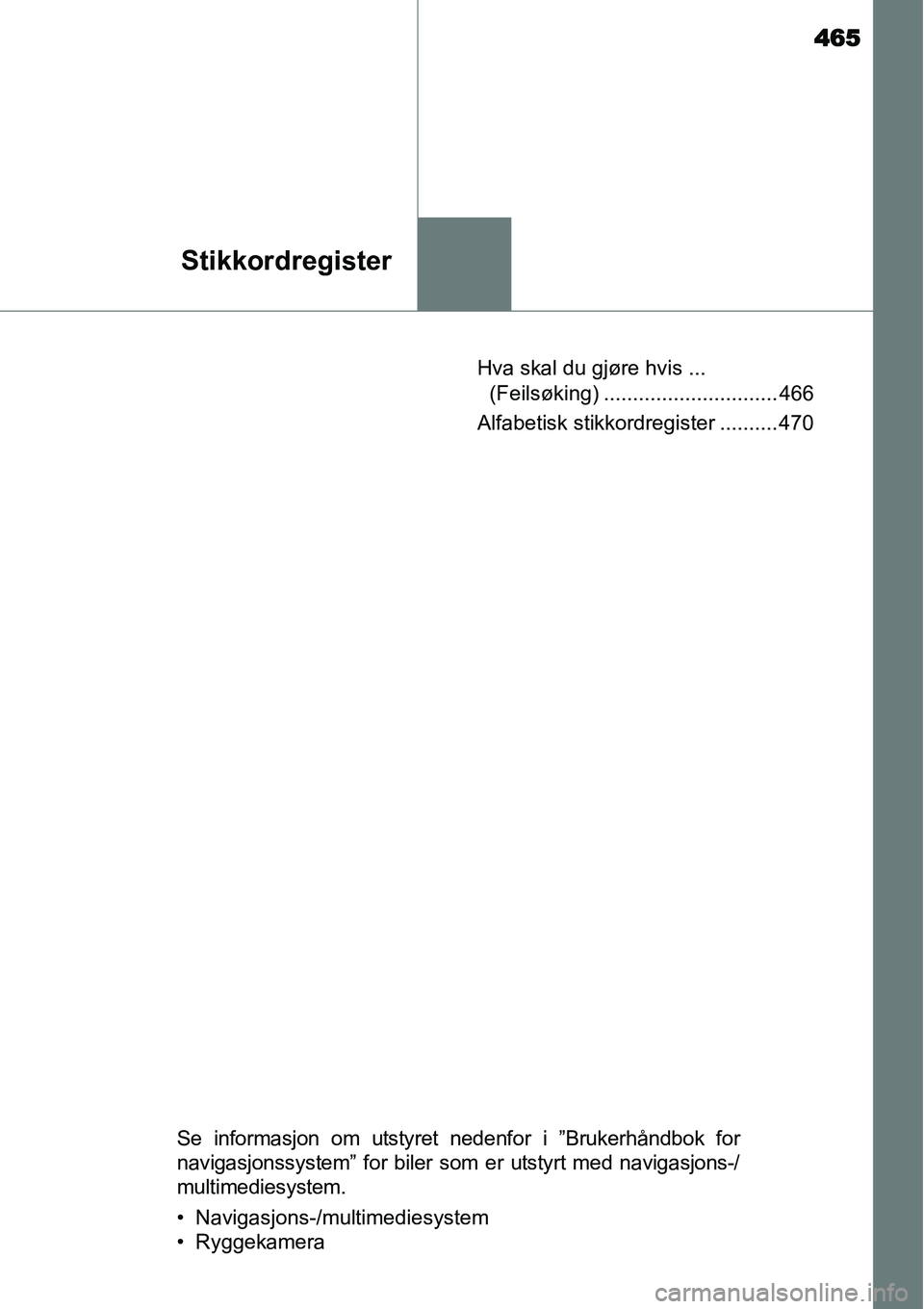 TOYOTA YARIS 2015  Instruksjoner for bruk (in Norwegian) 465
Stikkordregister
 Hva skal du gjøre hvis ... 
(Feilsøking) .............................. 466
Alfabetisk stikkordregister .......... 470
Se informasjon om utstyret nedenfor i ”Brukerhåndbok f