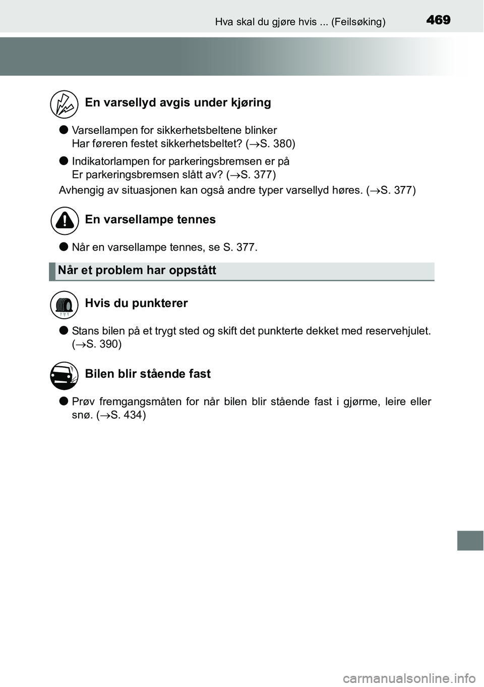 TOYOTA YARIS 2015 Instruksjoner for bruk (in Norwegian) 469Hva skal du gjøre hvis ... (Feilsøking)
●Varsellampen for sikkerhetsbeltene blinker
Har føreren festet sikkerhetsbeltet? (→S. 380)
●Indikatorlampen for parkeringsbremsen er på
Er parker TOYOTA YARIS 2015 Instruksjoner for bruk (in Norwegian) 469Hva skal du gjøre hvis ... (Feilsøking)
●Varsellampen for sikkerhetsbeltene blinker
Har føreren festet sikkerhetsbeltet? (→S. 380)
●Indikatorlampen for parkeringsbremsen er på
Er parker