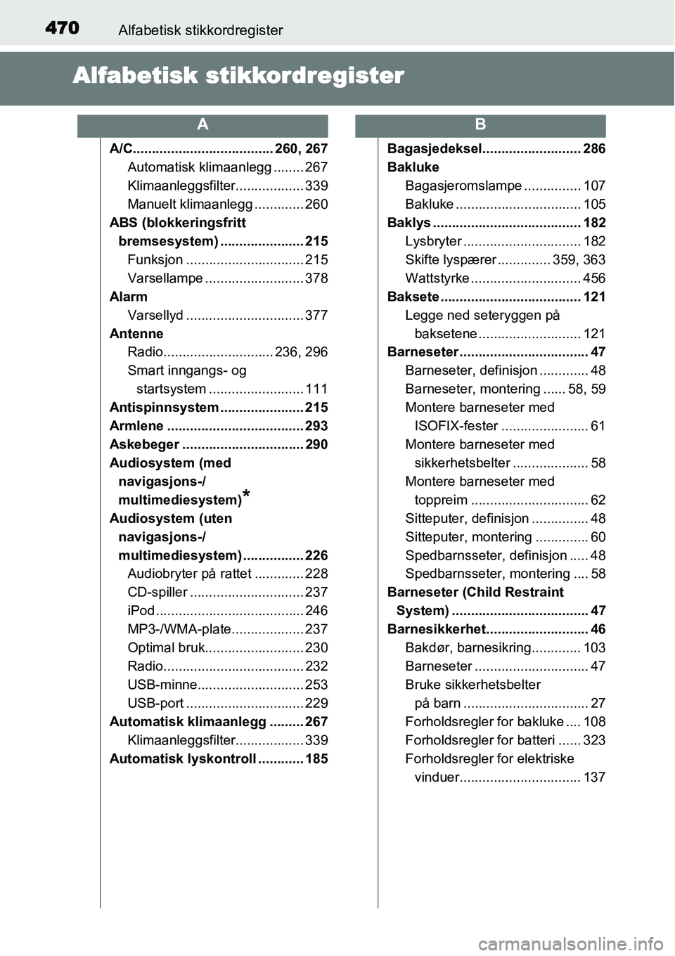 TOYOTA YARIS 2015 Instruksjoner for bruk (in Norwegian) 470Alfabetisk stikkordregister
Alfabetisk stikkordregister
A/C..................................... 260, 267
Automatisk klimaanlegg ........ 267
Klimaanleggsfilter.................. 339
Manuelt klimaa TOYOTA YARIS 2015 Instruksjoner for bruk (in Norwegian) 470Alfabetisk stikkordregister
Alfabetisk stikkordregister
A/C..................................... 260, 267
Automatisk klimaanlegg ........ 267
Klimaanleggsfilter.................. 339
Manuelt klimaa