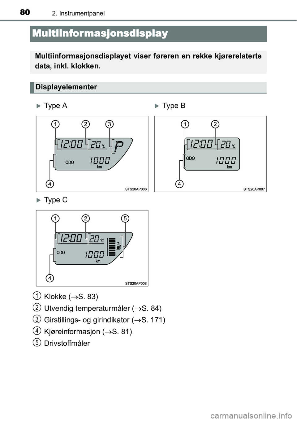 TOYOTA YARIS 2015  Instruksjoner for bruk (in Norwegian) 802. Instrumentpanel
Multiinformasjonsdisplay
Klokke (→S. 83)
Utvendig temperaturmåler (→S. 84)
Girstillings- og girindikator (→S. 171)
Kjøreinformasjon (→S. 81)
Drivstoffmåler
Multiinforma