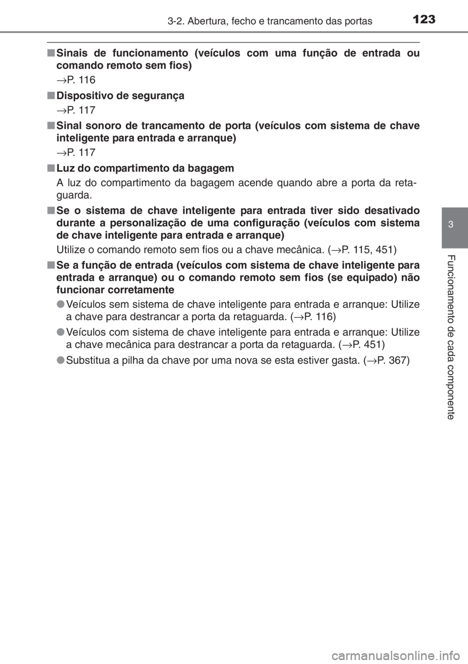 TOYOTA YARIS 2015 Manual de utilização (in Portuguese) 1233-2. Abertura, fecho e trancamento das portas
3
Funcionamento de cada componente
■Sinais de funcionamento (veículos com uma função de entrada ou
comando remoto sem fios)
→P. 1 1 6
■Dispos TOYOTA YARIS 2015 Manual de utilização (in Portuguese) 1233-2. Abertura, fecho e trancamento das portas
3
Funcionamento de cada componente
■Sinais de funcionamento (veículos com uma função de entrada ou
comando remoto sem fios)
→P. 1 1 6
■Dispos